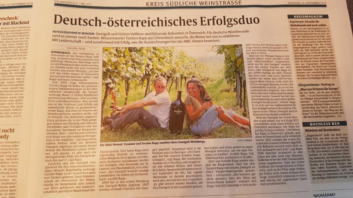 Die Rheinpfalz Bericht über Weingut Rapp Dörrenbach